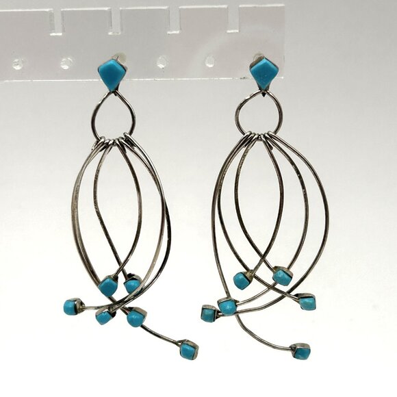 Artisan 925 Sterling Silver Dangle Earrings Turquoise Cube Beads Modernist Studi - Picture 8 of 8